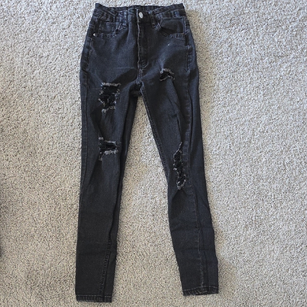 SHEIN High Rise Distressed Skinny Jeans XS Black Charcoal Ripped Denim